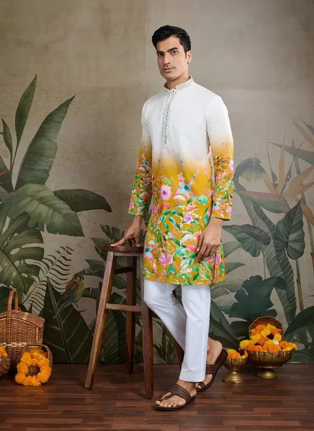 Yellow Color 61099 By Shubhvastra Mirror Work Fancy Mens Kurta Orders In India